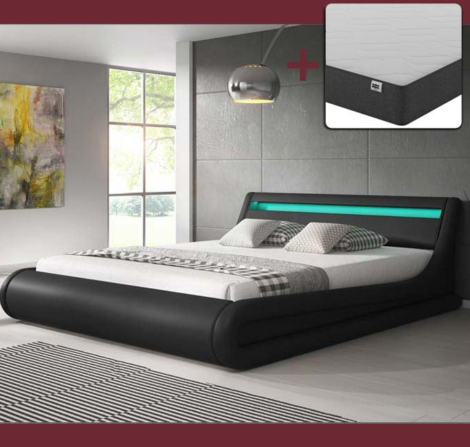 Camas con canapé abatible Somier con tira LED y 2 cajones, cama individual  tapizada negro 90x200